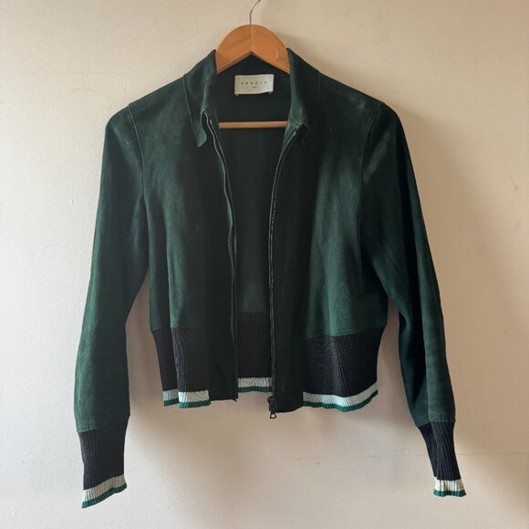 Sandro Lamb Leather Suede Bomber Jacket –Evergreen w/ Metallic Rib Trim – Size S - Picture 6 of 8